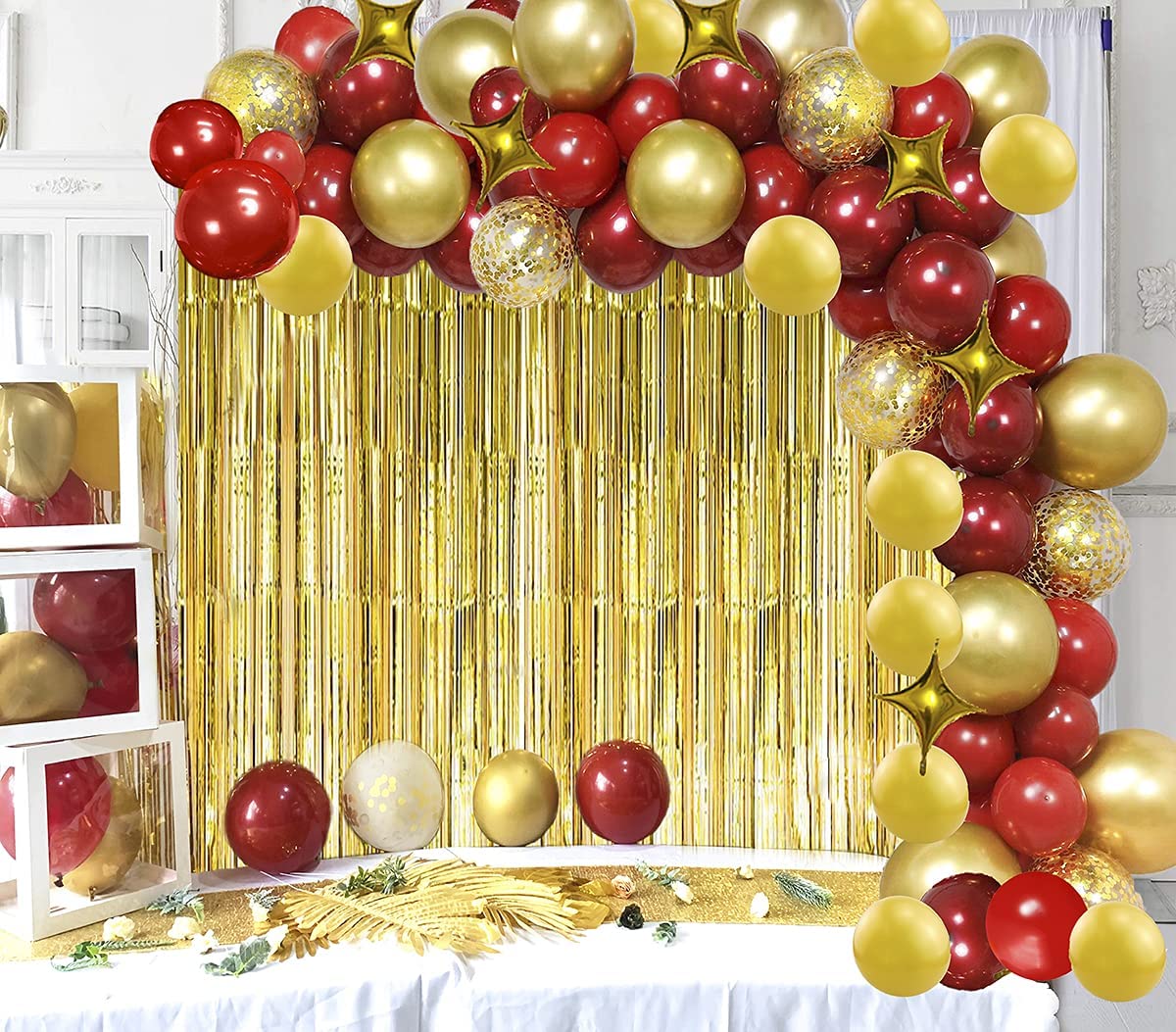 WECEPAR Balloon Garland Arch kit 84 pcs with Ruby Red and Gold Balloon, Star Balloon Confetti Balloons Gold Sequin Table Runner and Background Curtain for Birthday Party, Wedding, Christmas, New Year