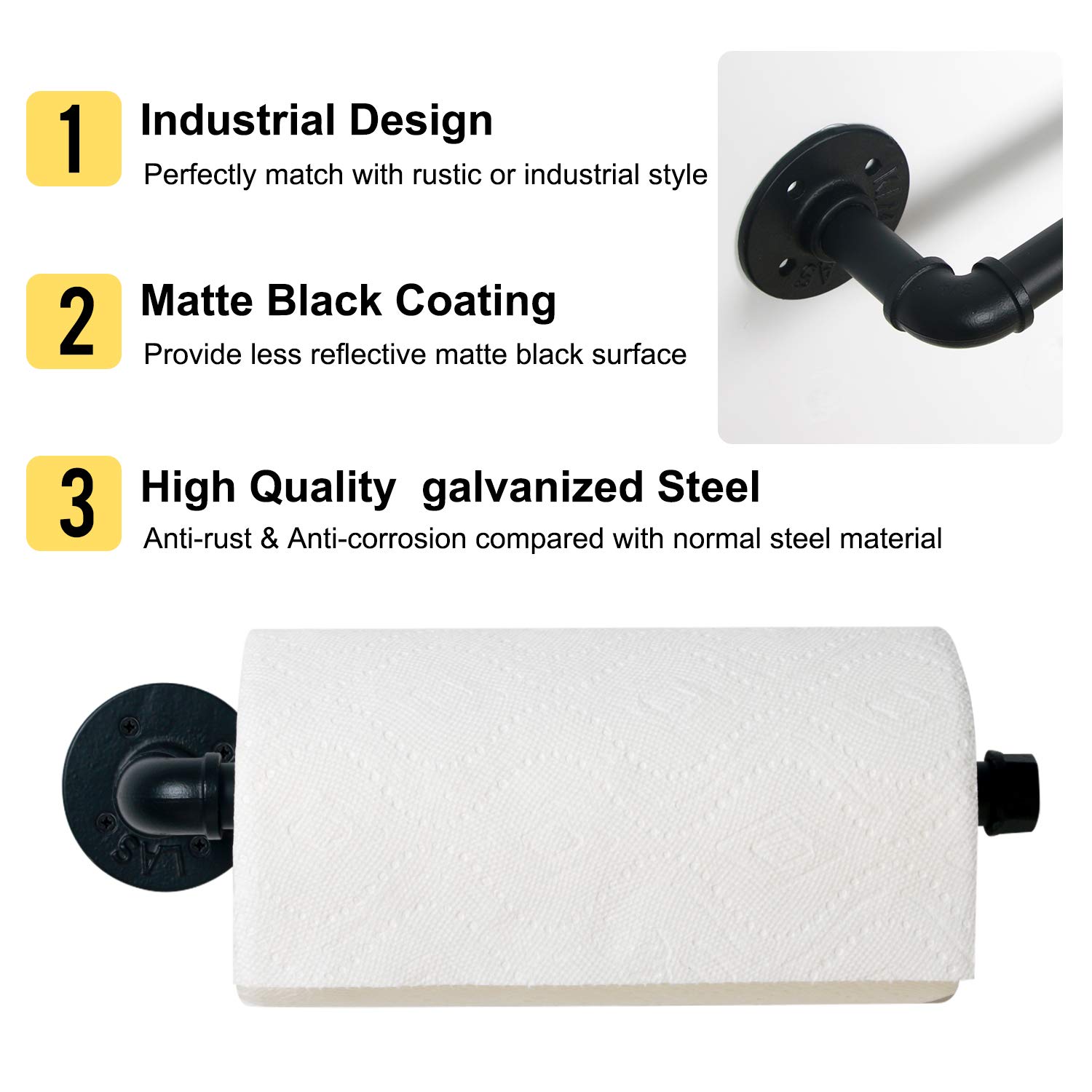 HouseAid Industrial Pipe Paper Towel Holder for Kitchen, Vintage Style Heavy Duty DIY Rustic Paper Towel Rack, Wall Mount, Matte Black