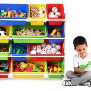 Humble Crew Kids Plastic 4 Set, Blue Table/Primary Chairs & White/Primary Kids' Toy Storage Organizer with 12 Plastic Bins