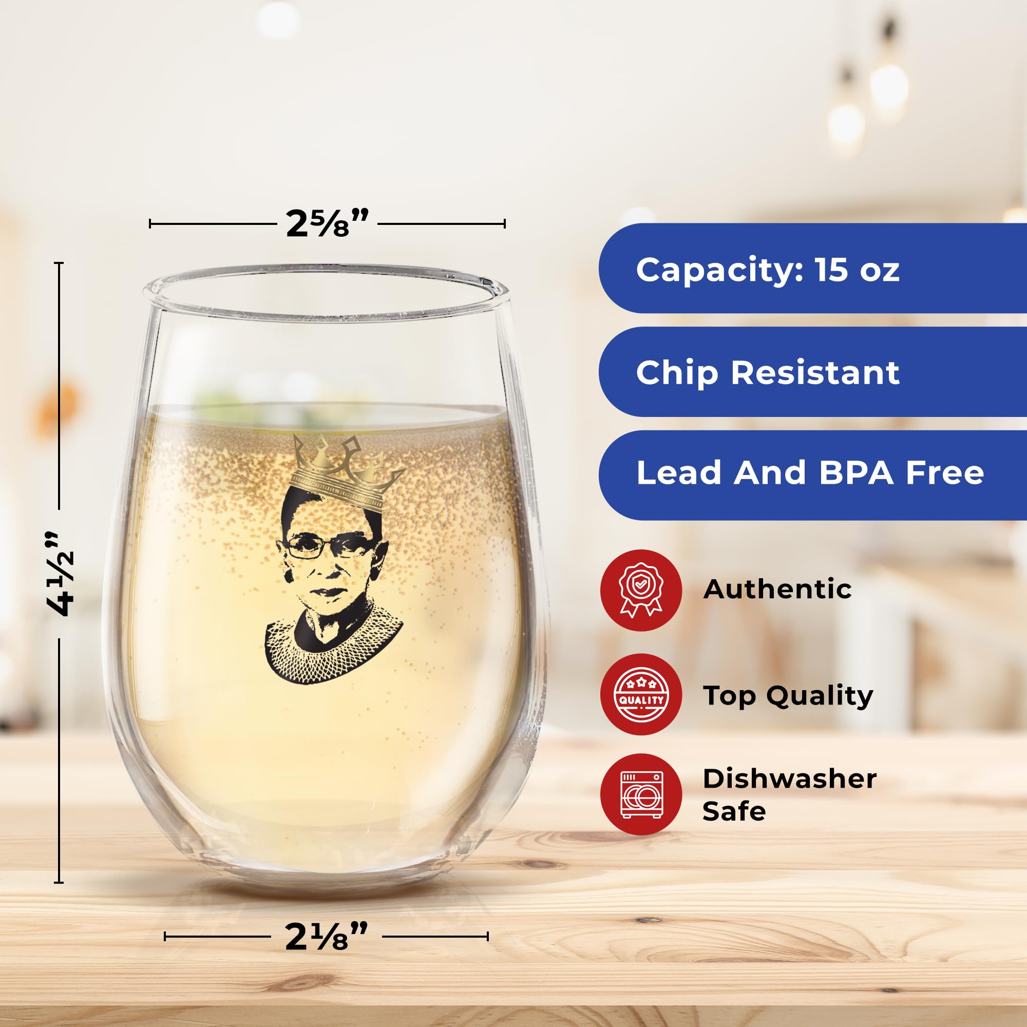 Majority Blue - Ruth Bader Ginsburg - RBG Wine Glasses | Gifts for Feminist | RBG Wine Glass Gifts for Women | Gift for Her | RBG Crown | Ginsburg Lawyer Glass | Justice Glassware Collection (15 oz)