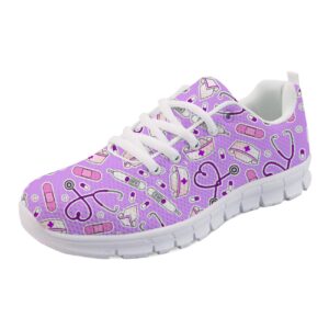 uniceu cute nurse love shape print lace up walking shoes breathable mesh sneakers flat lightweight sport shoes for tennis running jogging hiking travel, purple