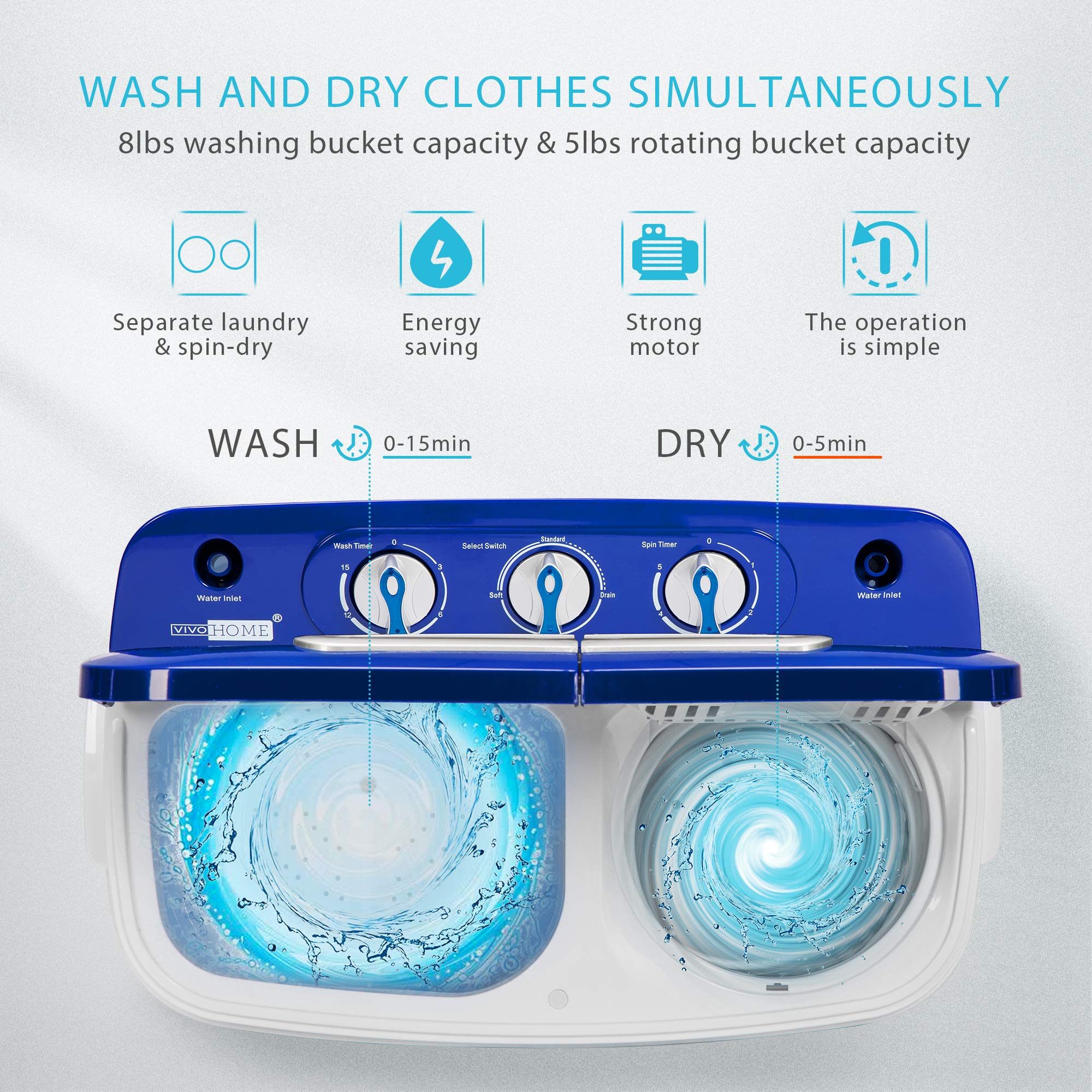 VIVOHOME Electric Portable 2 in 1 Twin Tub Mini Laundry Washer and Spin Dryer Combo Washing Machine with Drain Hose for Apartments 13.5lbs Blue & White