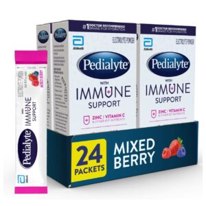 pedialyte with immune support, electrolytes with vitamin c and zinc, advanced hydration with preactiv prebiotics, mixed berry, electrolyte drink powder packets, 6 count (pack of 4)