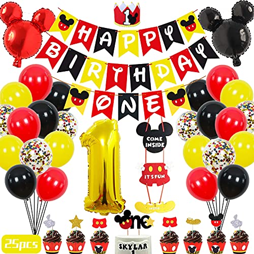 Mouse 1st Birthday Party Supplies Decorations 57Pcs - Happy Birthday Banner ONE Banner Balloons "1" Foil Balloon Hat Door Sign Cupcake Topper Video Game Birthday Decorations for Boys Girls Kids Babies