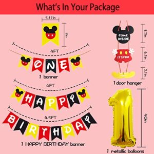 Mouse 1st Birthday Party Supplies Decorations 57Pcs - Happy Birthday Banner ONE Banner Balloons "1" Foil Balloon Hat Door Sign Cupcake Topper Video Game Birthday Decorations for Boys Girls Kids Babies