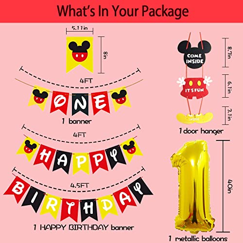 Mouse 1st Birthday Party Supplies Decorations 57Pcs - Happy Birthday Banner ONE Banner Balloons "1" Foil Balloon Hat Door Sign Cupcake Topper Video Game Birthday Decorations for Boys Girls Kids Babies