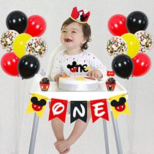 Mouse 1st Birthday Party Supplies Decorations 57Pcs - Happy Birthday Banner ONE Banner Balloons "1" Foil Balloon Hat Door Sign Cupcake Topper Video Game Birthday Decorations for Boys Girls Kids Babies