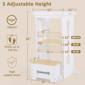 Bateso Wooden Toddler Tower with 2 Detachable Nets, Adjustable Height Kids Kitchen Step Stool, Toddler Standing Tower for Kitchen Counter, Montessori Kitchen Stool Helper for Kids 1-6