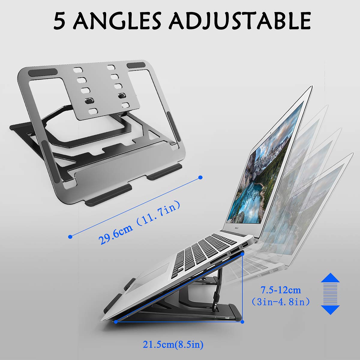 VAWcornic Adjustable Aluminum Laptop Stand, Foldable, Portable, 5 Angles Available, 88lb Weight Capacity, for Desktop and Laptops