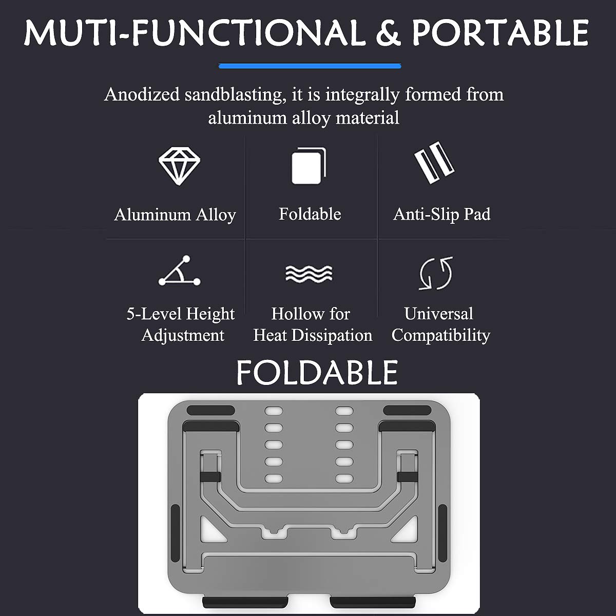 VAWcornic Adjustable Aluminum Laptop Stand, Foldable, Portable, 5 Angles Available, 88lb Weight Capacity, for Desktop and Laptops