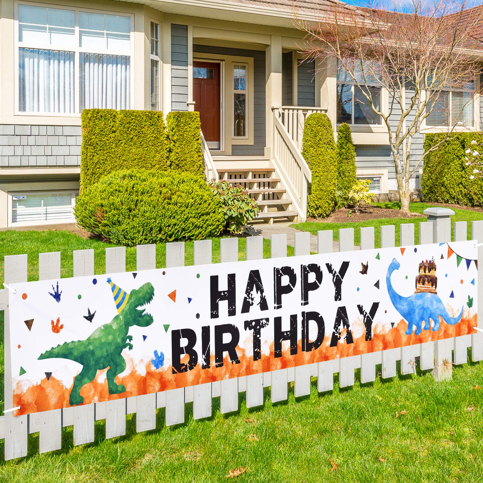 Watercolor Dinosaur HAPPY BIRTHDAY Banner - 19'' x 118'' Large Outdoor Decorations for Boys Kids Dinosaur Birthday Party Supplies Big Fence Yard Sign Photo Background