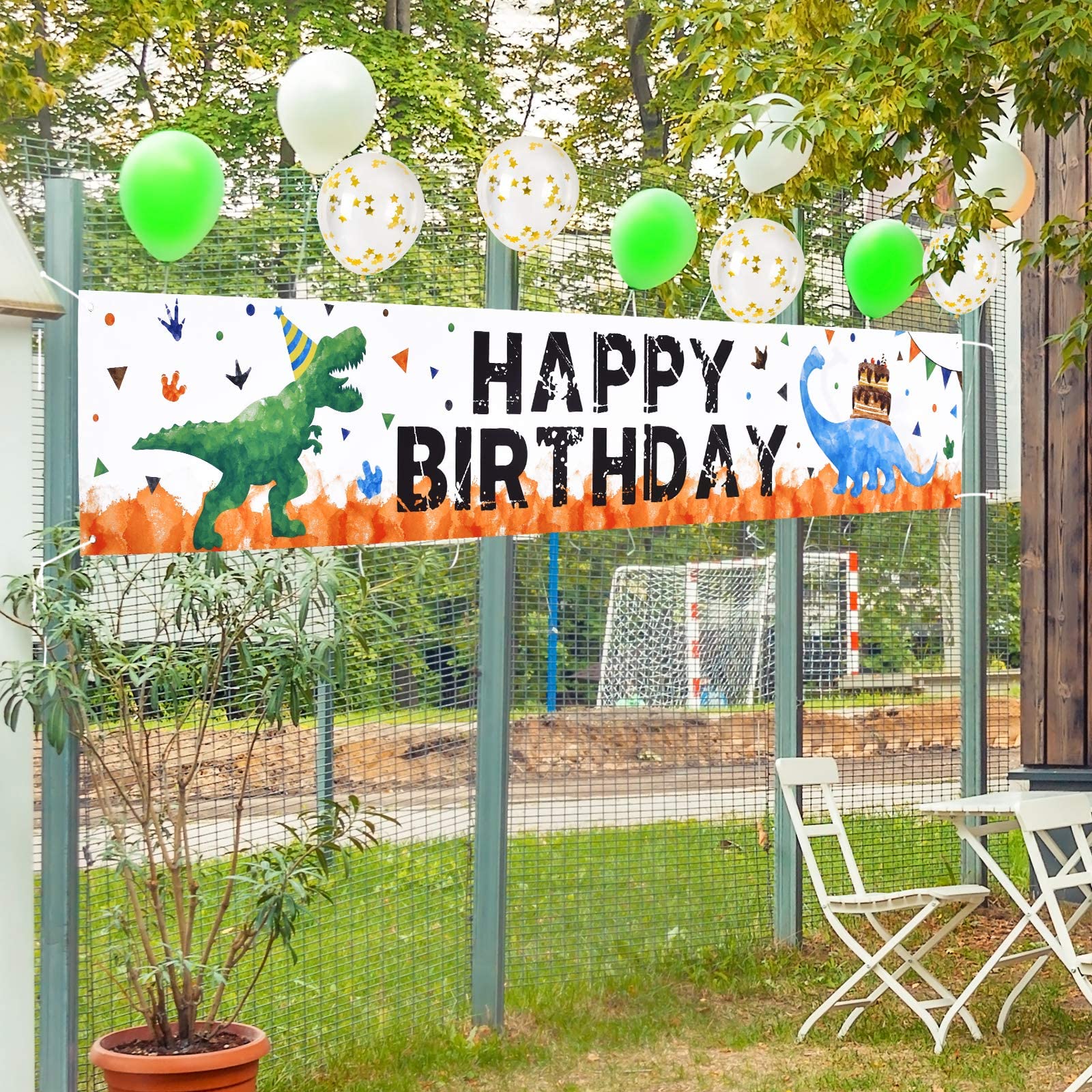 Watercolor Dinosaur HAPPY BIRTHDAY Banner - 19'' x 118'' Large Outdoor Decorations for Boys Kids Dinosaur Birthday Party Supplies Big Fence Yard Sign Photo Background