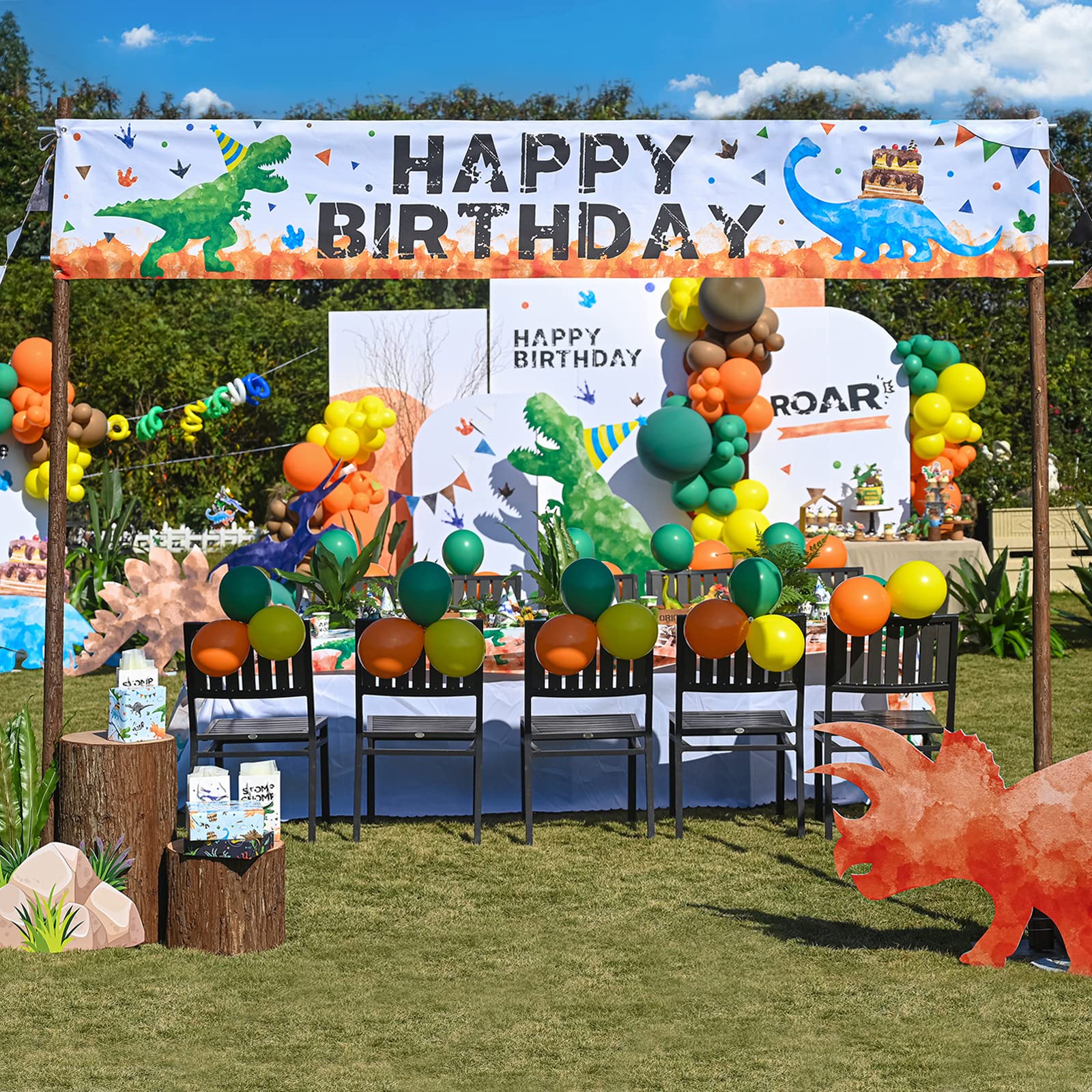 Watercolor Dinosaur HAPPY BIRTHDAY Banner - 19'' x 118'' Large Outdoor Decorations for Boys Kids Dinosaur Birthday Party Supplies Big Fence Yard Sign Photo Background