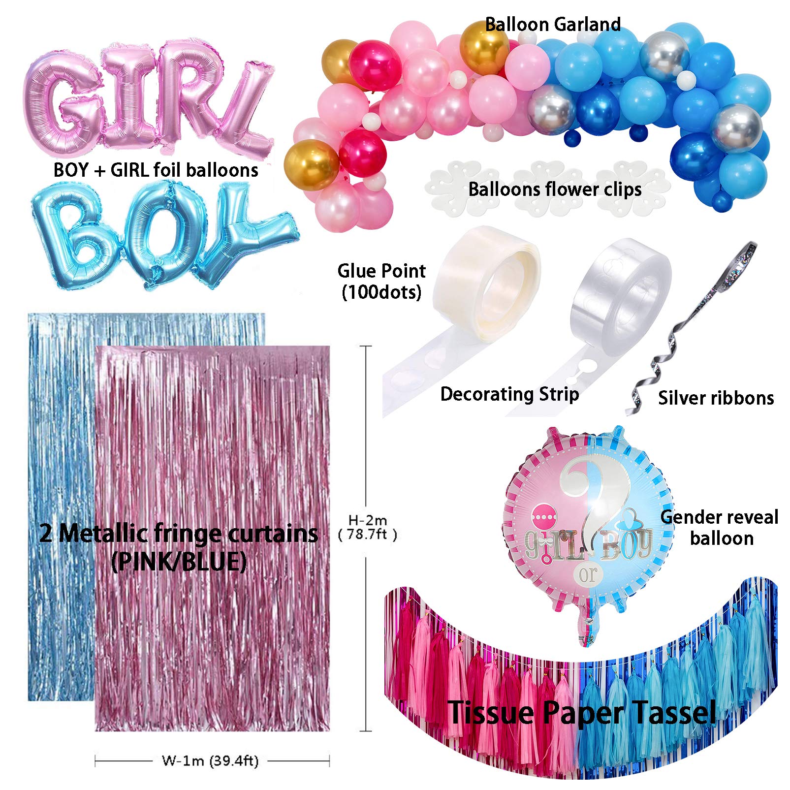 Boy Or Girl Gender Reveal Party Decoration Set,&Balloons Arch Garland Kit,Foil Balloons,Curtains,Paper tassel Garland,Balloon decoration tools,For Party Photo Backdrop (Pink/Blue) Shower Birthday