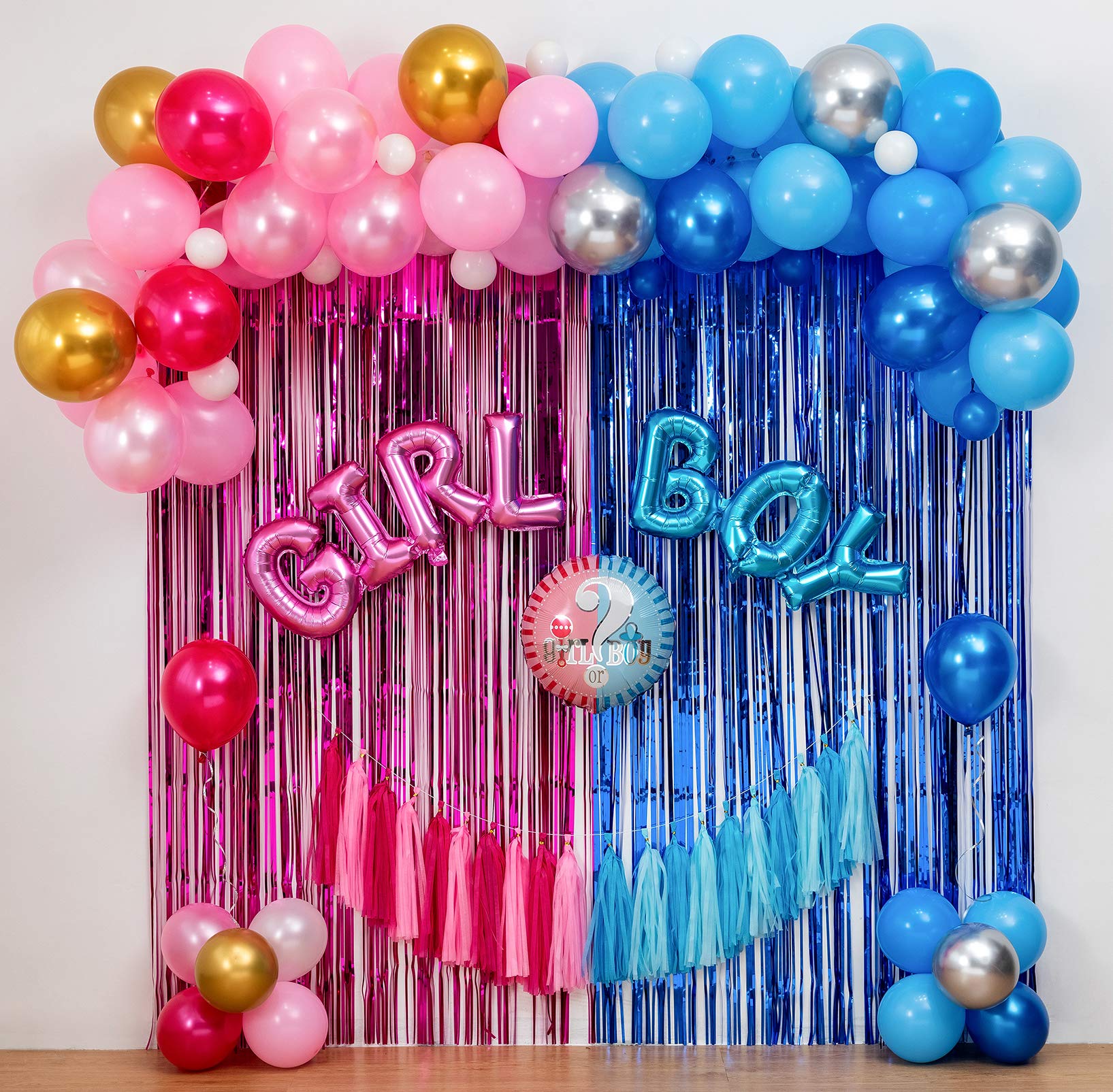 Boy Or Girl Gender Reveal Party Decoration Set,&Balloons Arch Garland Kit,Foil Balloons,Curtains,Paper tassel Garland,Balloon decoration tools,For Party Photo Backdrop (Pink/Blue) Shower Birthday