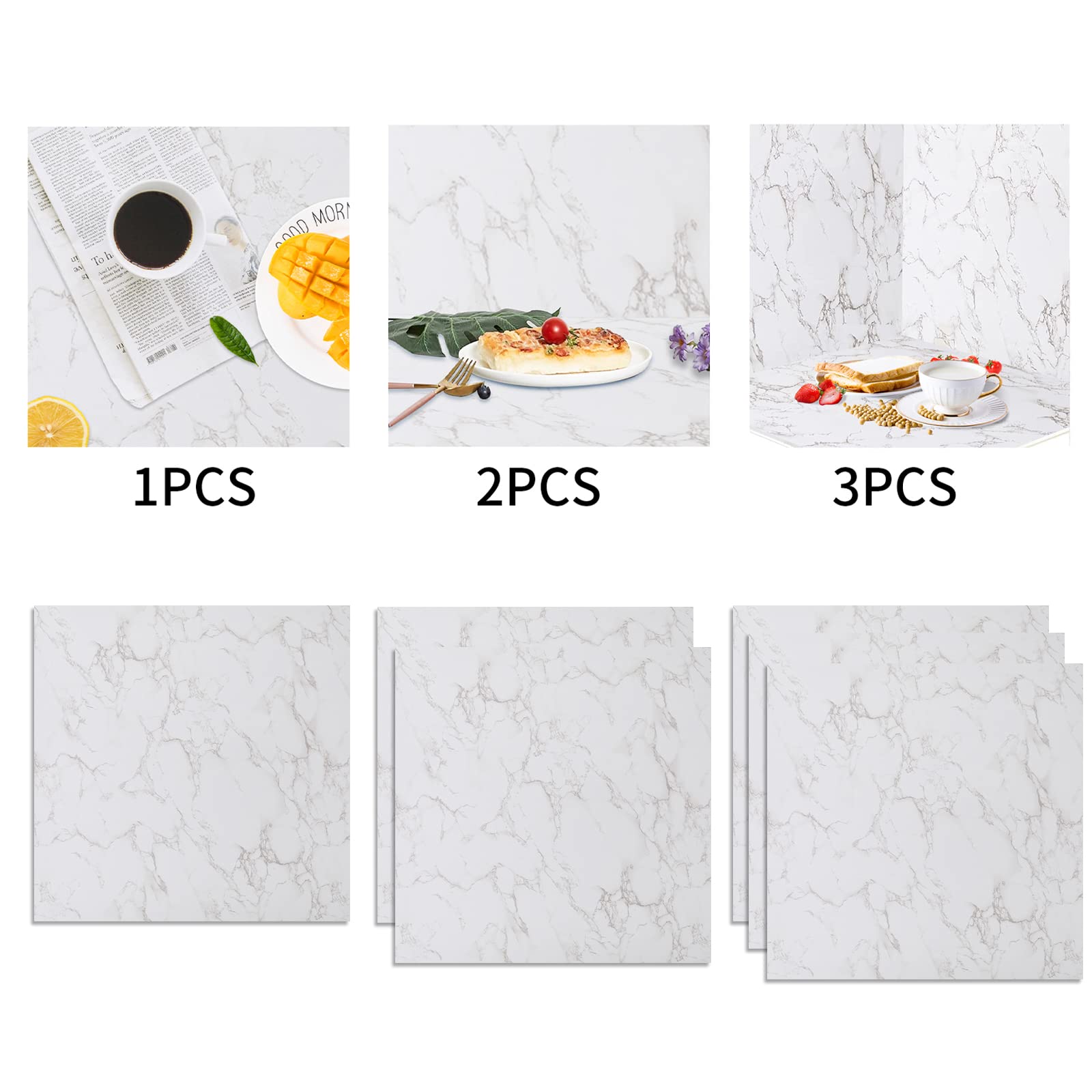 BEIYANG Food Photography Backdrops 24x24 inch Marble Photo Backdrop Boards 3PCS White Photography Backdrop Boards with 3 Bracket Kits Soild Board Waterproof Backdrop for Food Photography
