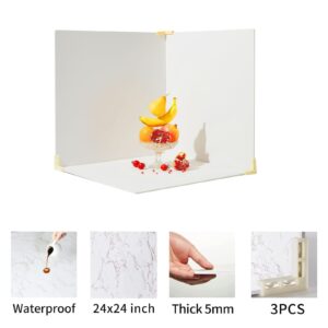 BEIYANG Food Photography Backdrops 24x24 inch Marble Photo Backdrop Boards 3PCS White Photography Backdrop Boards with 3 Bracket Kits Soild Board Waterproof Backdrop for Food Photography