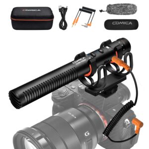 comica vm20 shotgun microphone, super-cardioid camera microphone with rycote shockmount, windscreen, wind muff, oled power display, video microphone for smartphones, dslr cameras, tablets, laptops