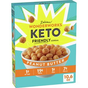peanut butter wonderworks keto friendly breakfast cereal, keto friendly snack, 1g sugar, 10.6 oz