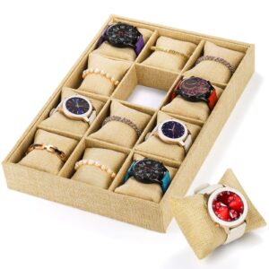 hedume burlap jewelry display, 12 slot sackcloth watch jewelry bracelet tray, linen watch large holder box display case organizer with 12 grid pillow for men and women