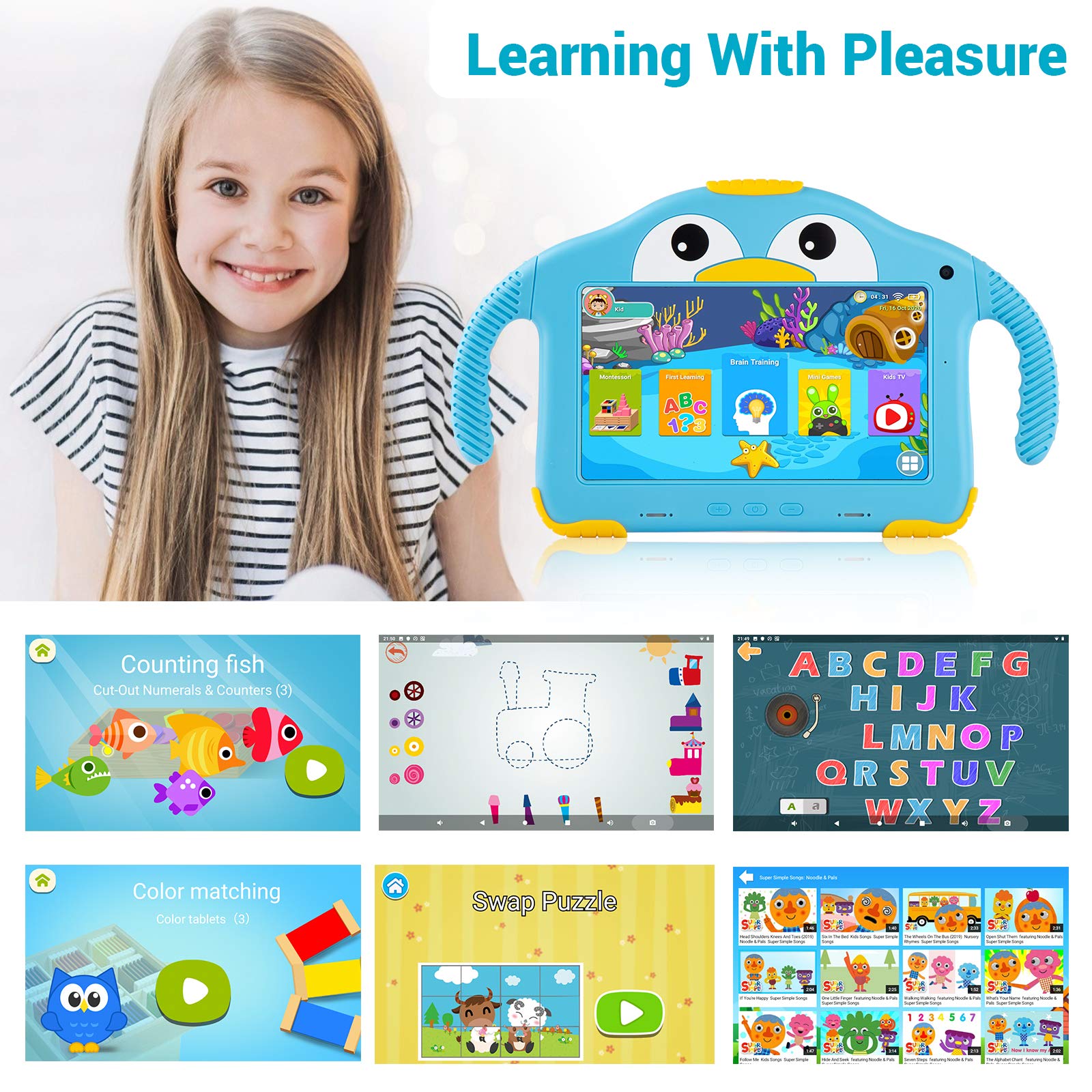 Tablet for Toddlers Tablet Android Kids Tablet with WiFi Dual Camera 1GB 32GB Storage 1024 x 600 Touch Screen Parental Control Mode Google Playstore YouTube Netflix for Boys Girls Android 10