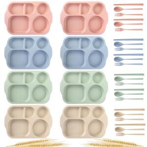 nicunom 8 pack unbreakable divided plates, 5-compartment wheat straw tray divided food plates lunch trays section plates for kids adults, microwave dishwasher safe, bpa free, 11 inch