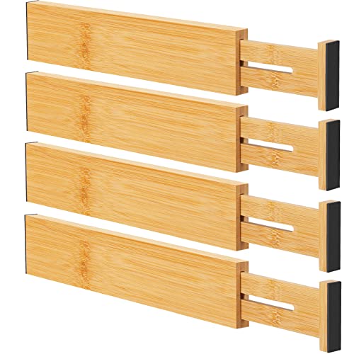 Ryqtop Bamboo Drawer Dividers Organizers, Kitchen Drawer Organizer, Adjustable Drawer Divider for Clothes, Kitchen, Dresser, Bedroom, Bathroom and Office, 4-Pack (Natural, 12-17 IN)