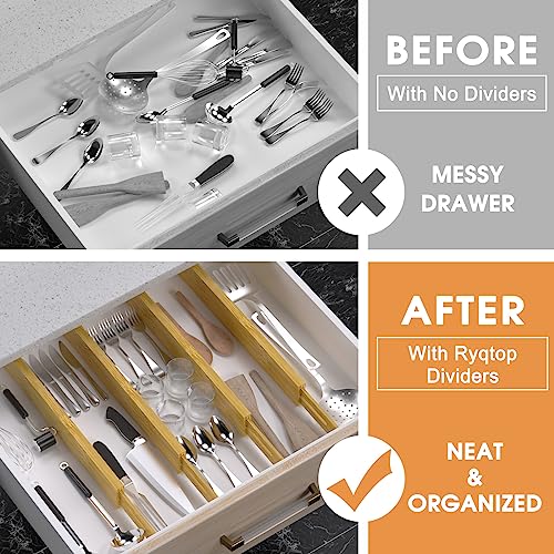 Ryqtop Bamboo Drawer Dividers Organizers, Kitchen Drawer Organizer, Adjustable Drawer Divider for Clothes, Kitchen, Dresser, Bedroom, Bathroom and Office, 4-Pack (Natural, 12-17 IN)