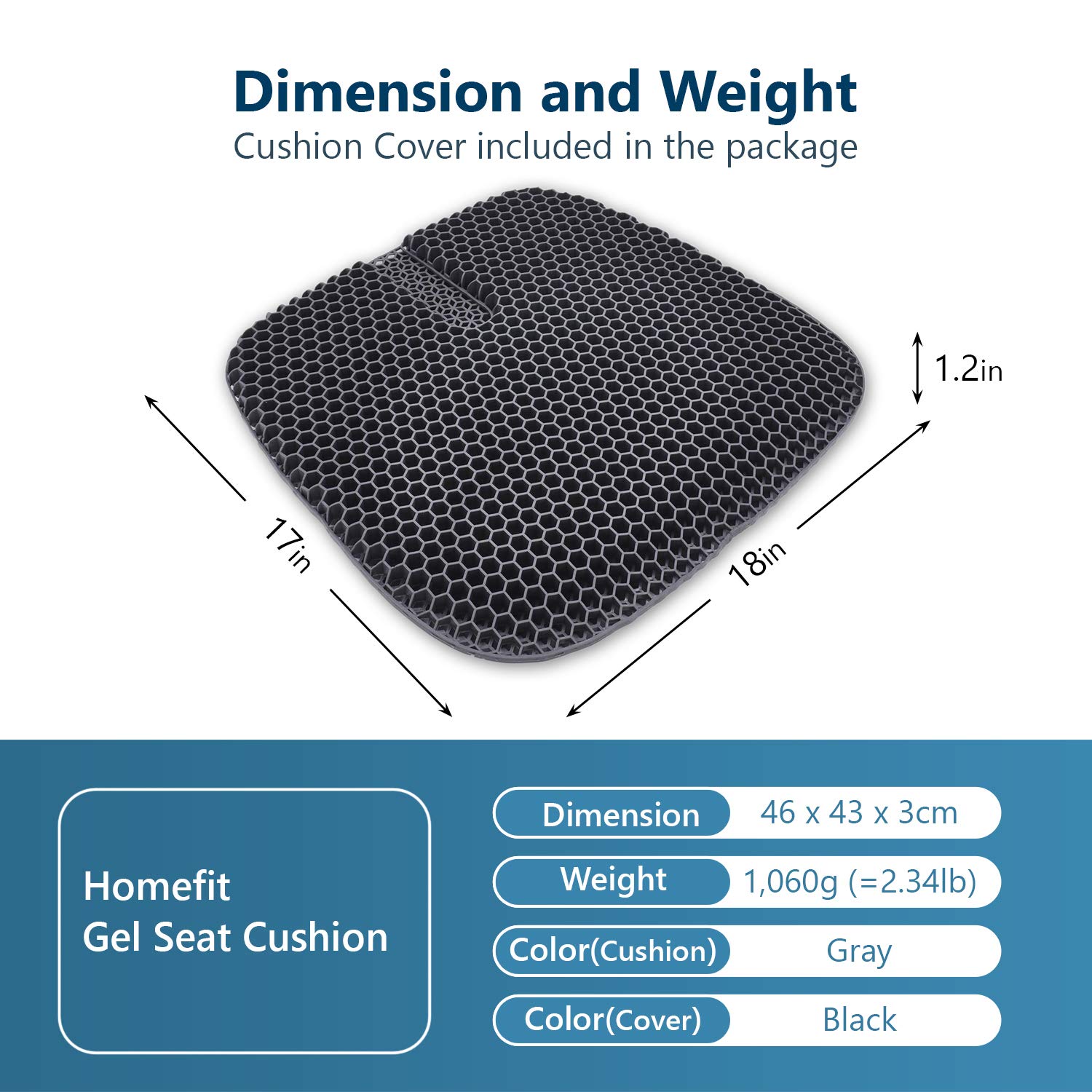 Gel Seat Cushion, Double Thick Enhanced Honeycomb Design Cushion with Non-Slip Breathable Cover for Pressure Relief & Tailbone Pain, fits Computer, Office, Car & Wheelchair Chair (18 x 17 x 1.3 in)