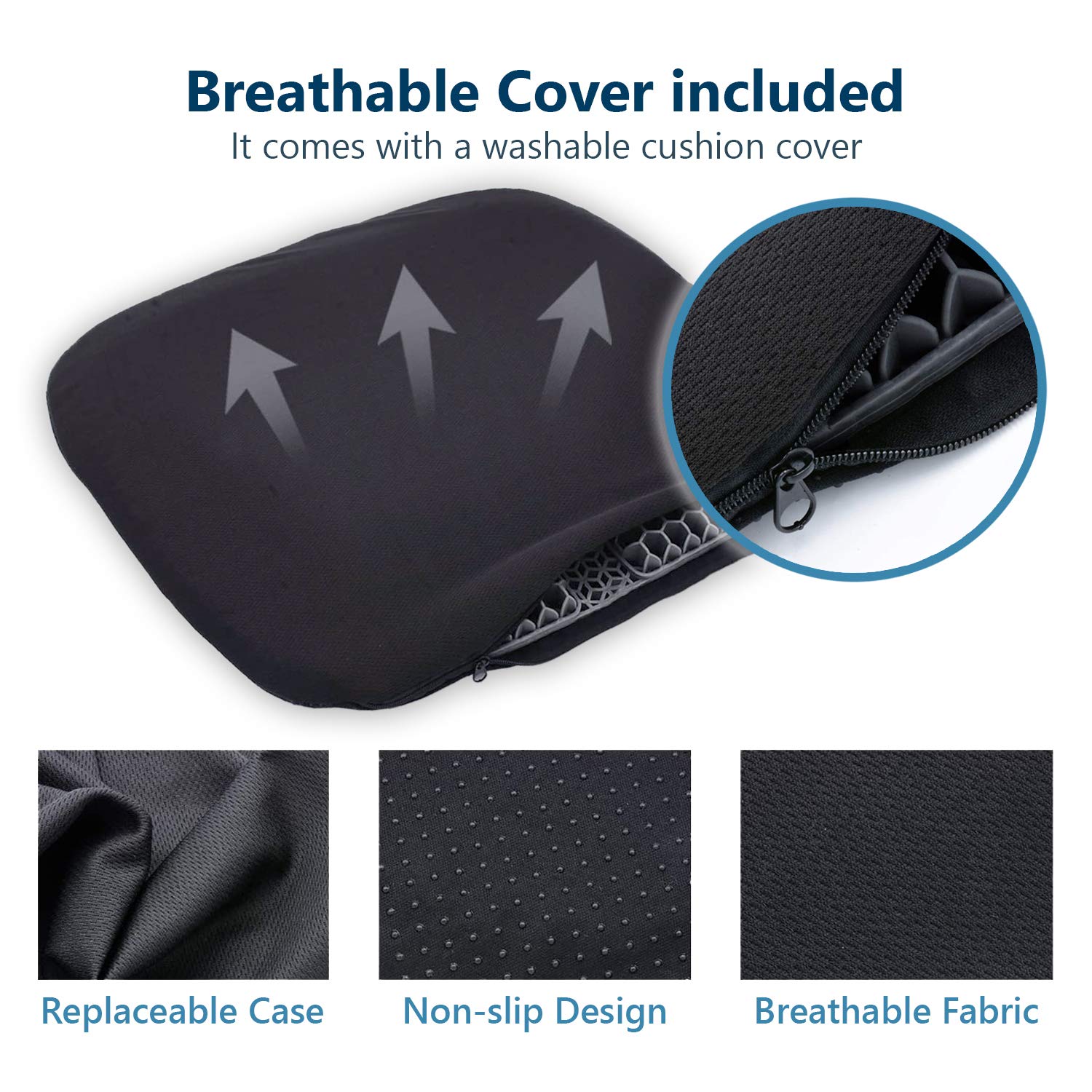 Gel Seat Cushion, Double Thick Enhanced Honeycomb Design Cushion with Non-Slip Breathable Cover for Pressure Relief & Tailbone Pain, fits Computer, Office, Car & Wheelchair Chair (18 x 17 x 1.3 in)
