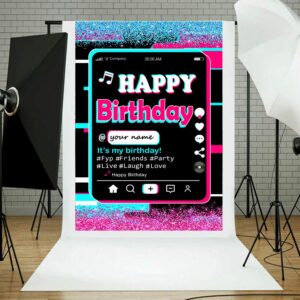 Happy Birthday Party Backdrop,Tic tok Birthday Decoration,Twinkle Pink Blue Backdrop,Musical Theme Party Supplies,Bling Pink Backdrop,Colorful Backdrop,Tic TOC Happy Birthday Banner with A Gift Pen