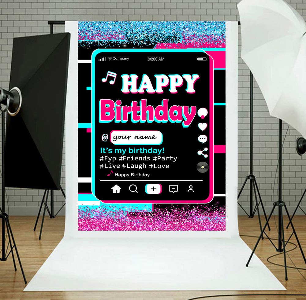 Happy Birthday Party Backdrop,Tic tok Birthday Decoration,Twinkle Pink Blue Backdrop,Musical Theme Party Supplies,Bling Pink Backdrop,Colorful Backdrop,Tic TOC Happy Birthday Banner with A Gift Pen