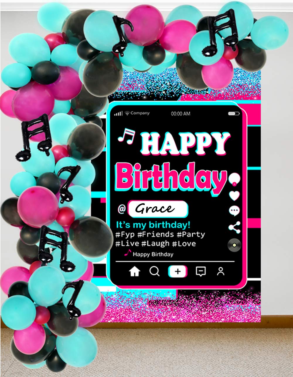 Happy Birthday Party Backdrop,Tic tok Birthday Decoration,Twinkle Pink Blue Backdrop,Musical Theme Party Supplies,Bling Pink Backdrop,Colorful Backdrop,Tic TOC Happy Birthday Banner with A Gift Pen