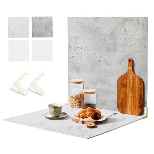 2 PCS 4 Pattern Boards Photo Backdrop for Flat Lay, Food Photography Background 24x24 Inch, BEIYANG (Marble+Light Gray)