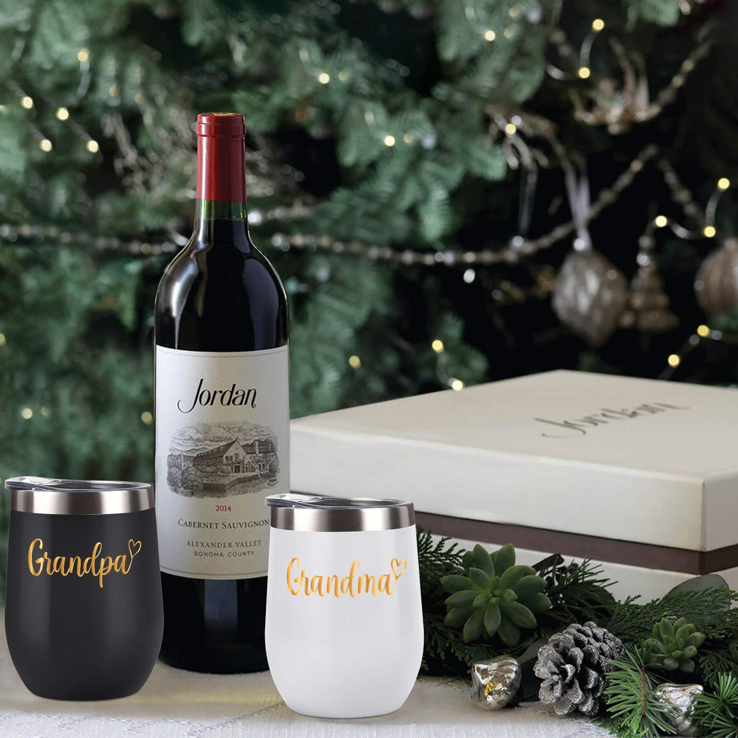 Cpskup Grandparents Christmas Gifts, Grandpa and Grandma Wine Tumbler Set with Lid, Stemless Insulated Stainless Steel Tumbler for Grandpa and Grandma from Grandkids Grandchildren(12oz, Black&White)