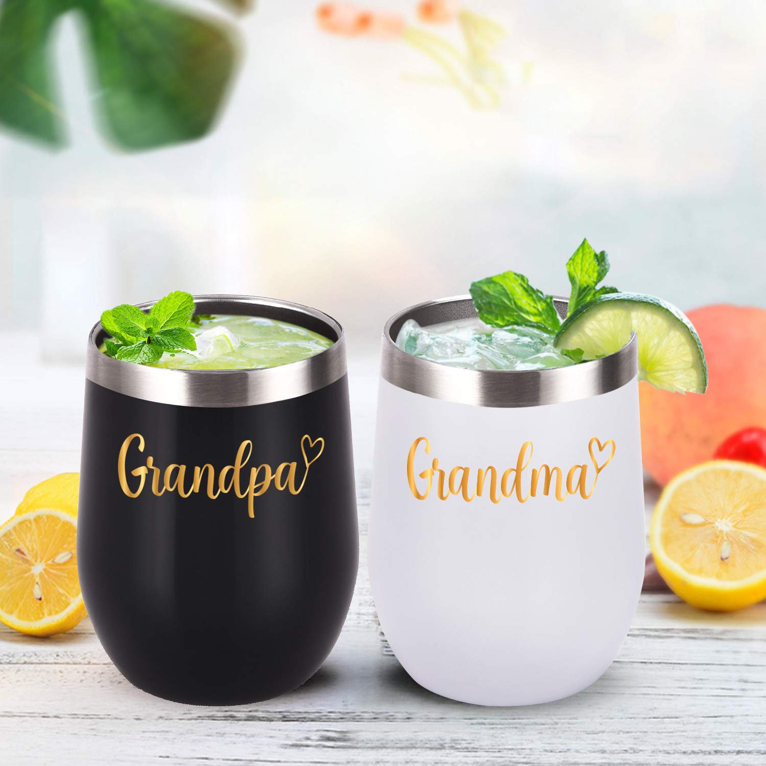 Cpskup Grandparents Christmas Gifts, Grandpa and Grandma Wine Tumbler Set with Lid, Stemless Insulated Stainless Steel Tumbler for Grandpa and Grandma from Grandkids Grandchildren(12oz, Black&White)