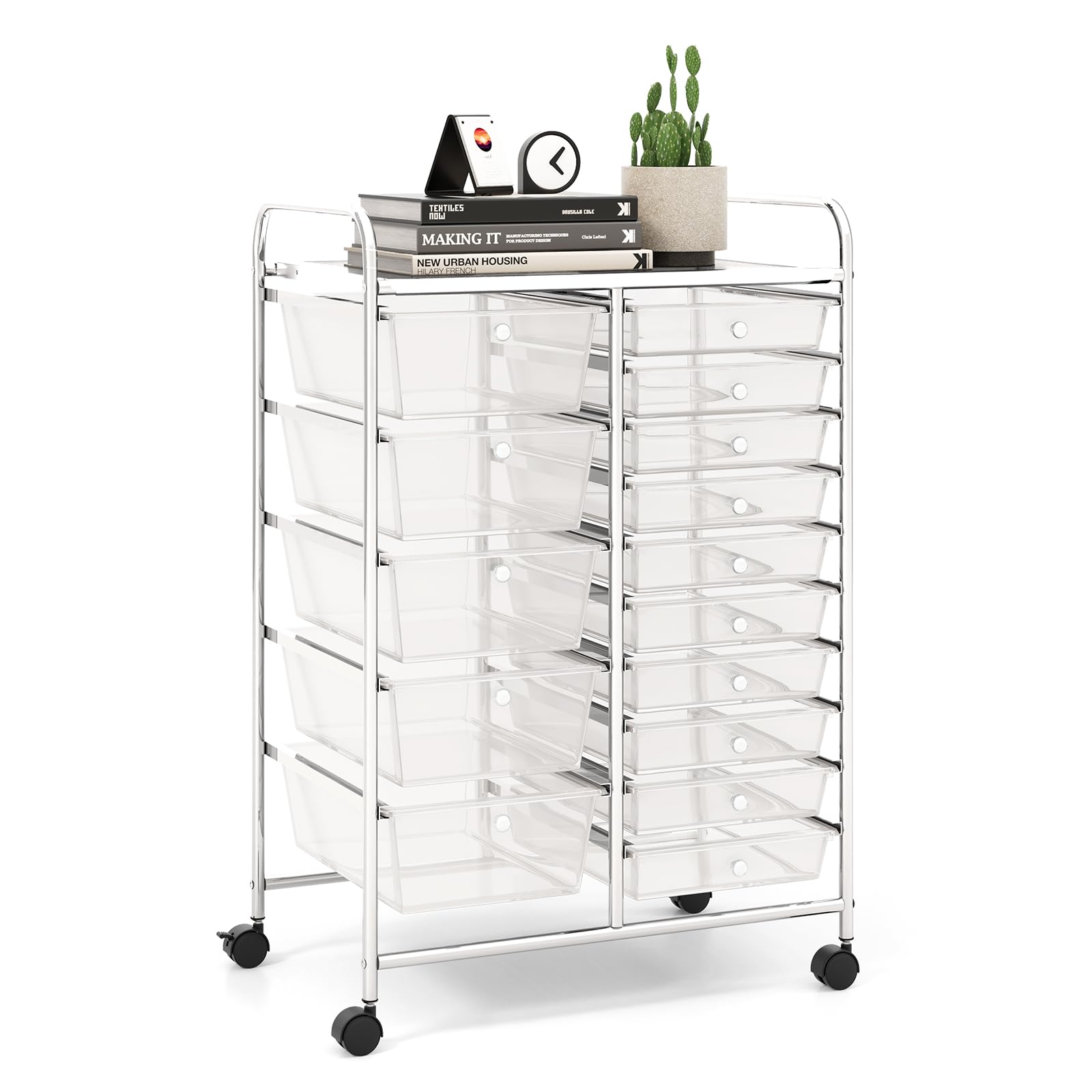 LDAILY 15-Drawer Rolling Storage Cart, Multipurpose Rolling Storage Cart, Storage Organizer on Wheels, Durable Metal Frame, Scrapbook Paper Tools, Suitable for Office School (Clear)