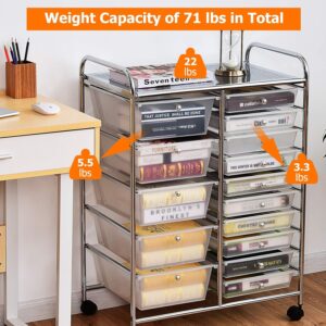 LDAILY 15-Drawer Rolling Storage Cart, Multipurpose Rolling Storage Cart, Storage Organizer on Wheels, Durable Metal Frame, Scrapbook Paper Tools, Suitable for Office School (Clear)