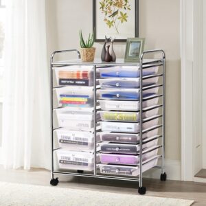 LDAILY 15-Drawer Rolling Storage Cart, Multipurpose Rolling Storage Cart, Storage Organizer on Wheels, Durable Metal Frame, Scrapbook Paper Tools, Suitable for Office School (Clear)