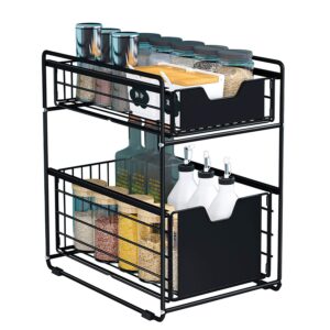 2 tier sliding cabinet basket drawer sliding basket under sink cabinet storage shelf for kitchen countertop pantry bathroom office desktop - black
