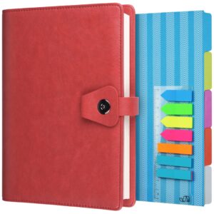 a5 binder journal, refillable 6 ring organizer planner leather business writing notebook, ruled hardcover diary notebook with divider page and index stickers-red