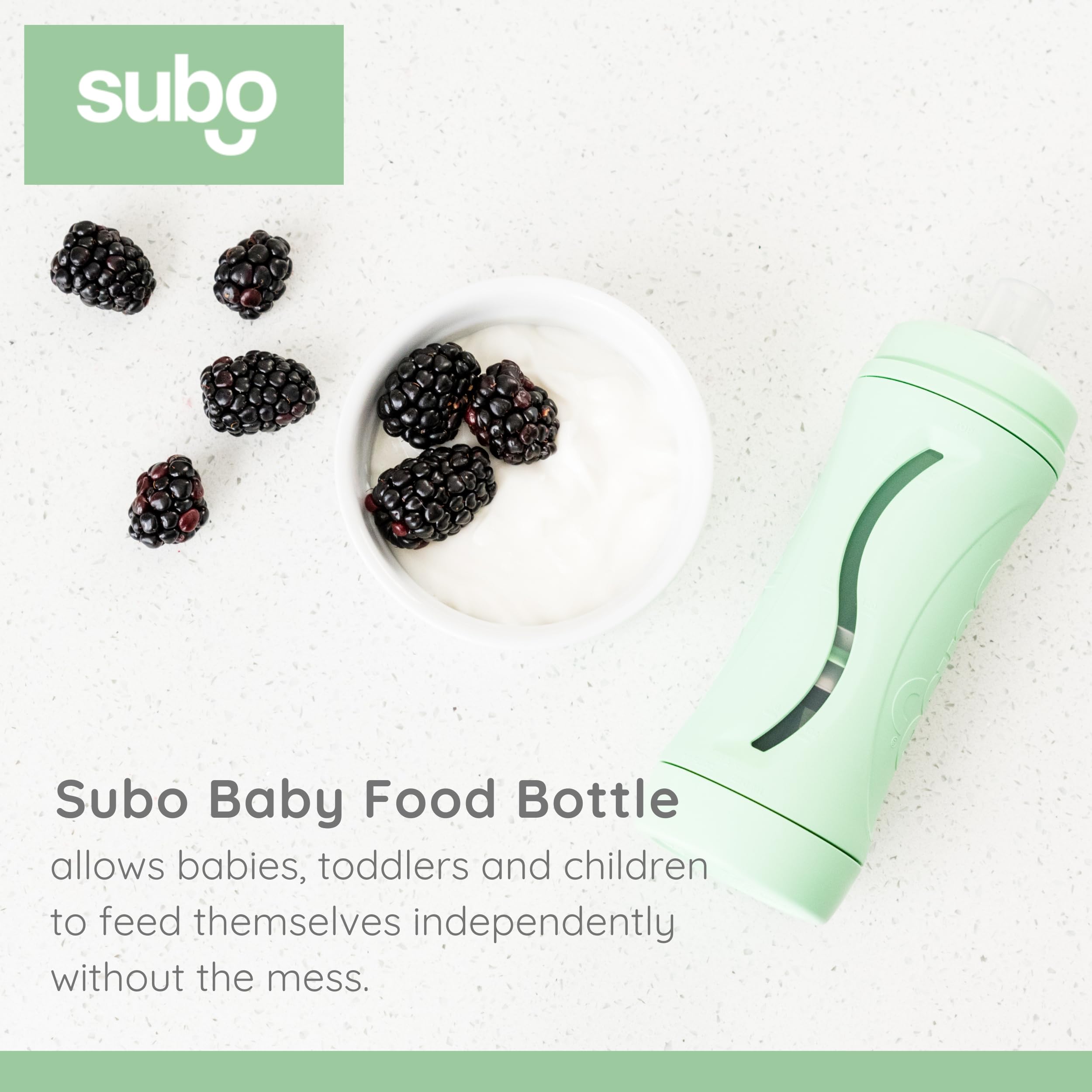 Subo Baby Food Bottle Starter Set | No Mess Baby Toddler Self Feeder | Squeeze Free Design for Purees, Smoothies, Yogurt, Oatmeal, or Thickened Liquids | Reusable Silicone Washable Cup (Mint)