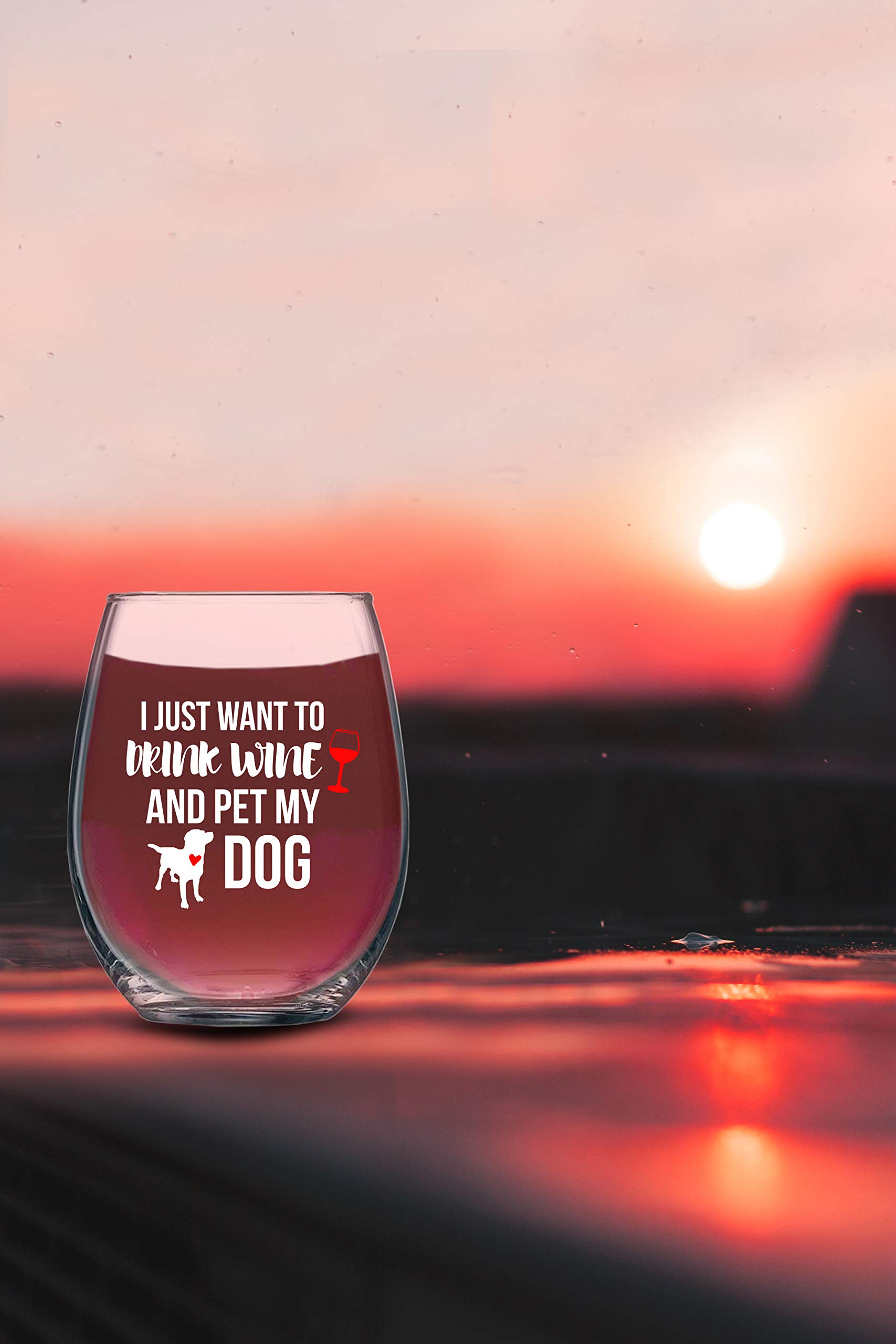 Funnwear I Just Want to Drink Wine And Pet My Dog - 15oz Funny Stemless Crystal Wine Glass Dog Mom - Pet Lover Rescue Mama