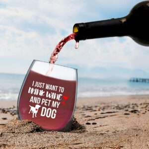 Funnwear I Just Want to Drink Wine And Pet My Dog - 15oz Funny Stemless Crystal Wine Glass Dog Mom - Pet Lover Rescue Mama