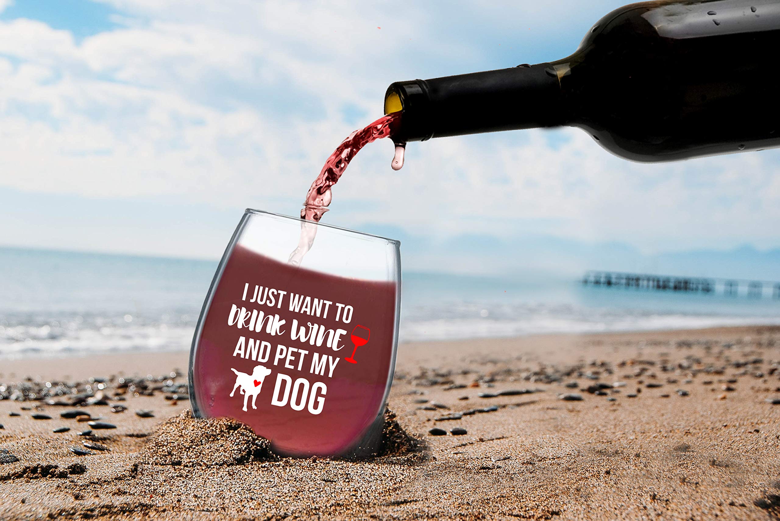 Funnwear I Just Want to Drink Wine And Pet My Dog - 15oz Funny Stemless Crystal Wine Glass Dog Mom - Pet Lover Rescue Mama