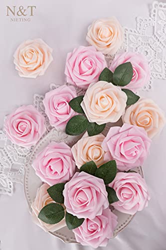 N&T NIETING Artificial Flowers, 25Pcs Fake Flowers Roses Perfect for DIY Wedding Bouquets Centerpieces Bridal Shower Party Home Flower Arrangement Decorations, Series Pink