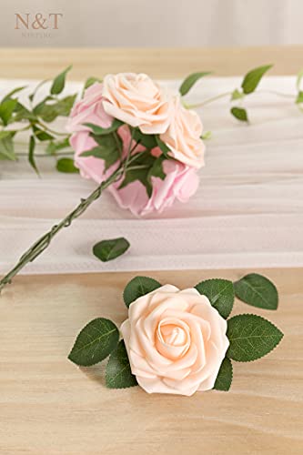 N&T NIETING Artificial Flowers, 25Pcs Fake Flowers Roses Perfect for DIY Wedding Bouquets Centerpieces Bridal Shower Party Home Flower Arrangement Decorations, Series Pink