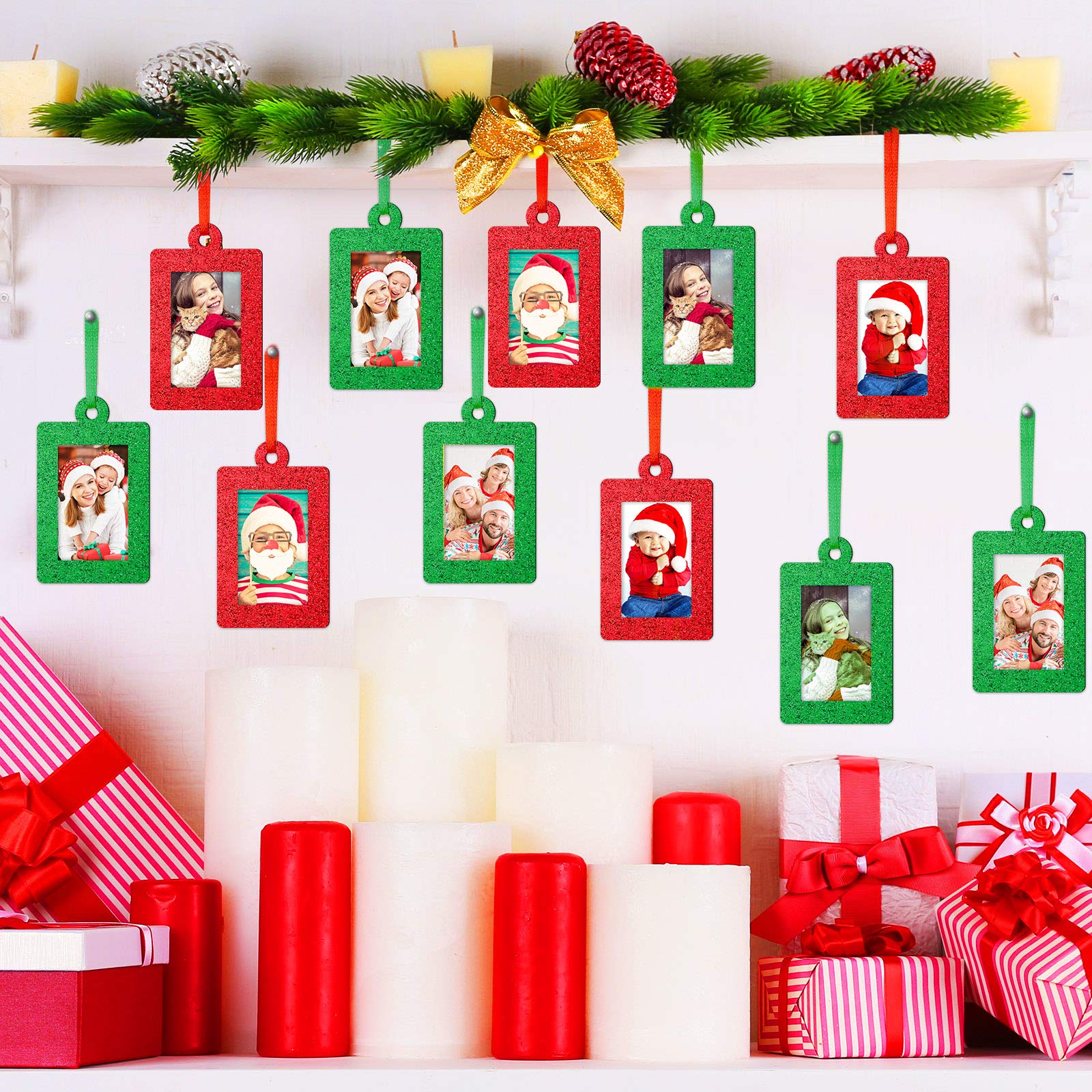 Jetec 36 Pieces Glitter Photo Frame Ornaments Bulk Christmas Tree Decorations Mini Felt Picture Frame Small Hanging Frame Xmas Gifts 2022 for Holiday Party Favors Supplies (Red, Green)