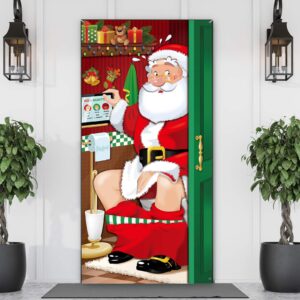 christmas party decorations, funny christmas santa restroom door cover fabric santa restroom backdrop background banner for christmas door decorations christmas party supplies, 70.9 x 35.4 inch