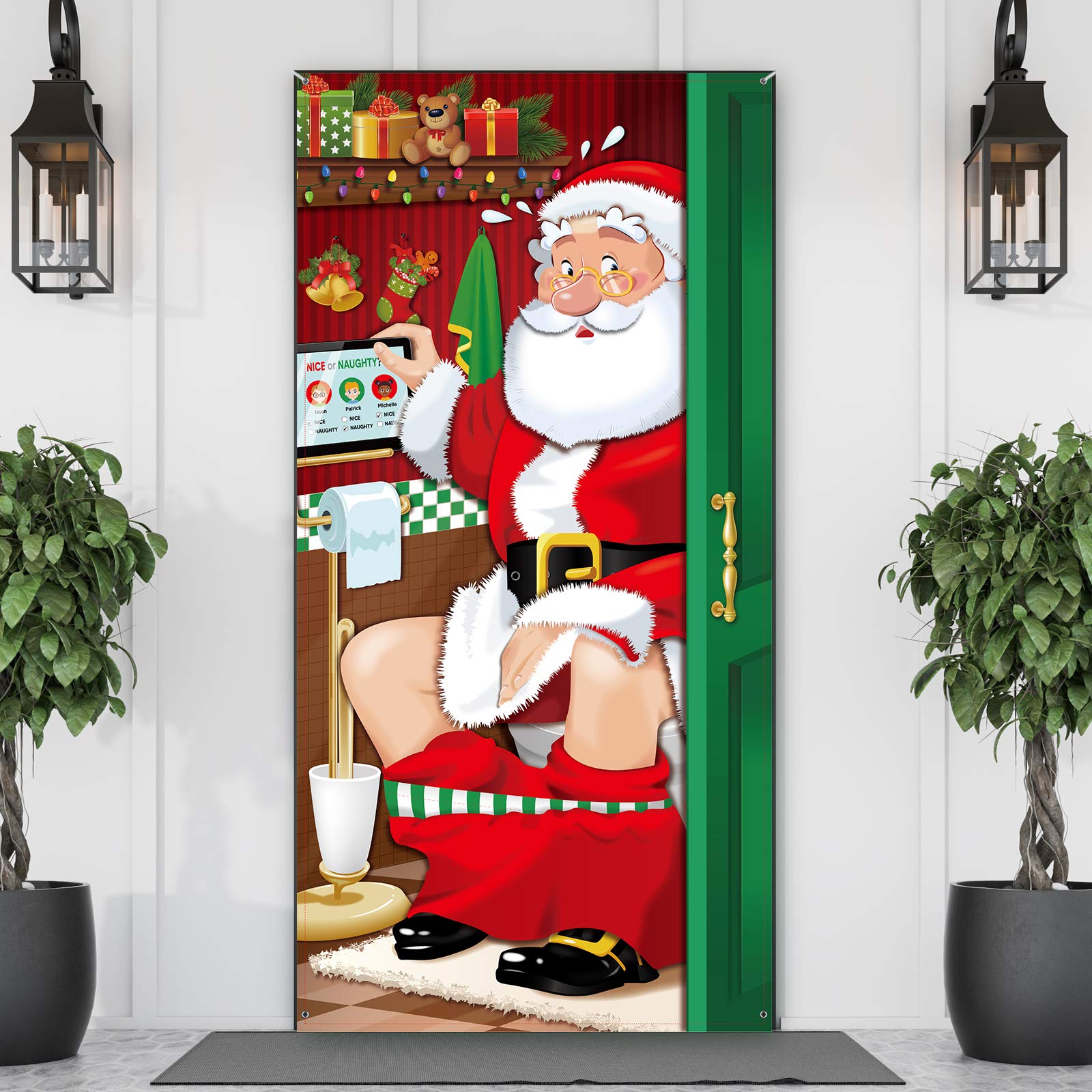 Christmas Party Decorations, Funny Christmas Santa Restroom Door Cover Fabric Santa Restroom Backdrop Background Banner for Christmas Door Decorations Christmas Party Supplies, 70.9 x 35.4 Inch